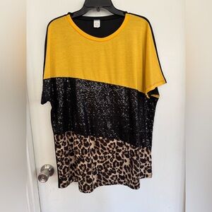 Yellow and Black Sequin Leopard Print Women's Tunic Top
